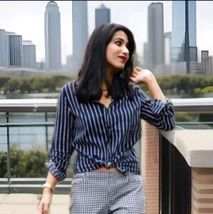 NWT MissLook 100% Cotton Striped Tunic Blouse Hidden Placket Size Small